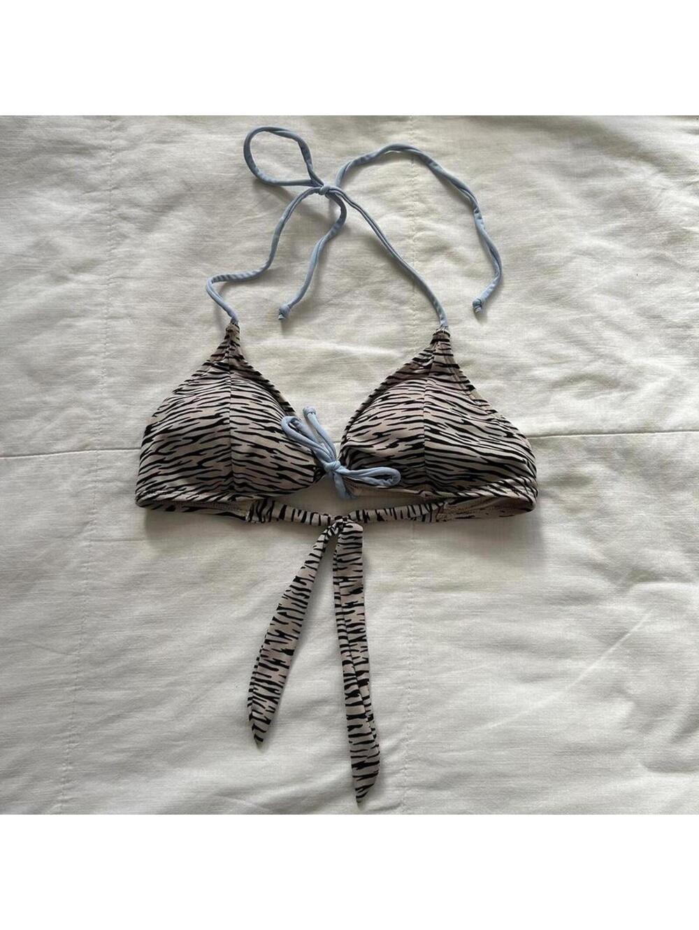 Y2K Xhilaration beige black zebra print bikini top with baby blue ties